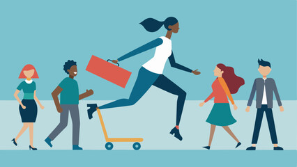 Diverse Crowd Various shoppers including a businesswoman in heels and a skateboarder in a tshirt dashing toward a massive CLEARANCE banner.