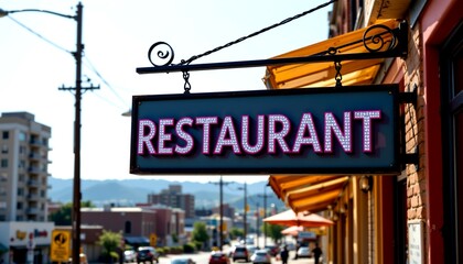 Obraz premium a vibrant city street scene with a restaurant sign prominently displayed