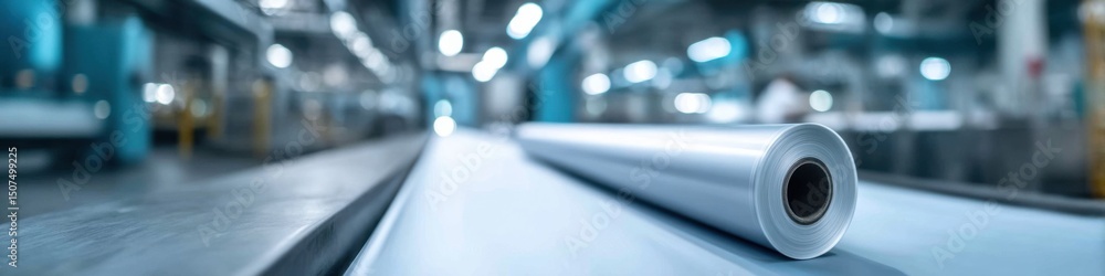 Poster dynamic view of packaging film production in a lively factory with ample space for text
