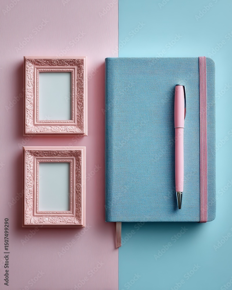 Poster flat lay notebook and frames on a split pink and blue background.