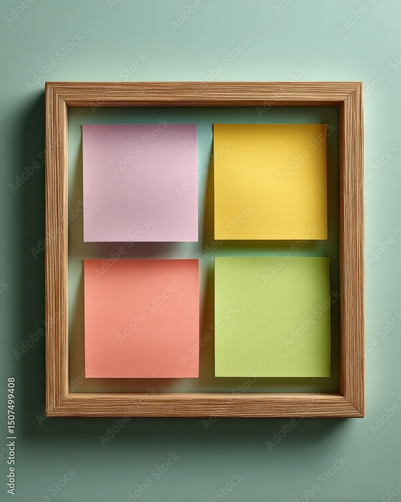 Poster minimal flat lay colorful sticky notes arranged in a framed display on a wall.