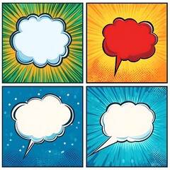 Comic book style speech bubbles on colorful backgrounds.