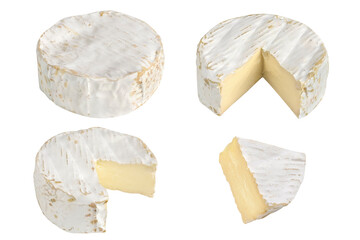 Collection of camembert cheeses on isolated white background. Whole, slice.