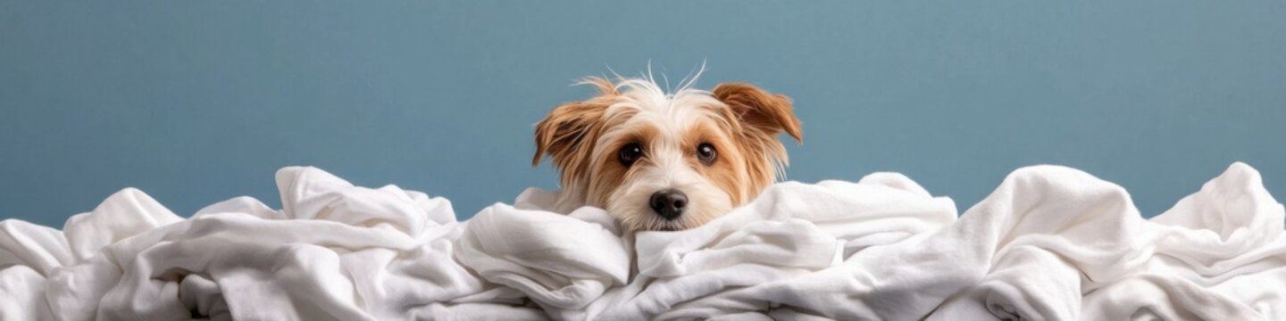 Playful dog searches for lost sock in a pile of laundry on a cheerful afternoon