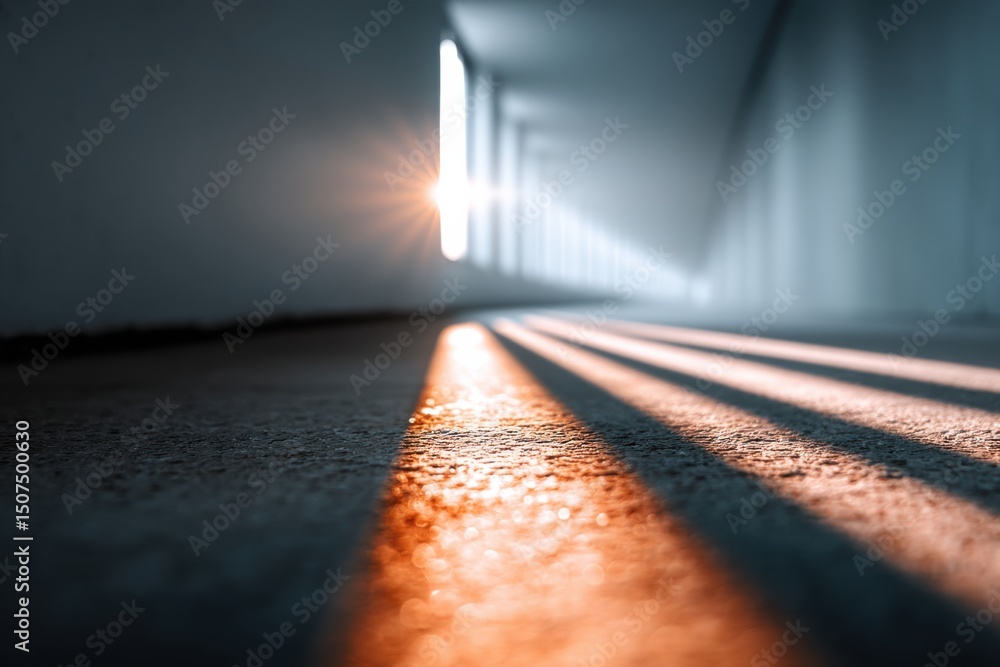 Poster captivating sunlight rays create colorful reflections in a quiet corridor leaving space for your tex
