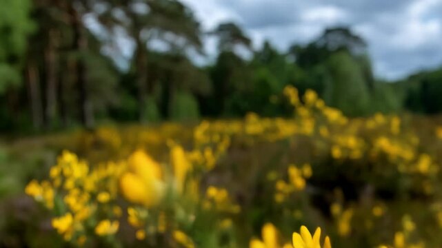 Lush meadow featuring bright yellow gorse flowers against a backdrop of blurry trees and an overcast sky.