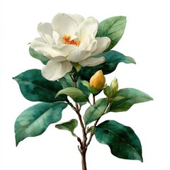 botanical watercolor illustration gardenia white petals Elegant magnolia flower with leaves and buds on a stem. white background