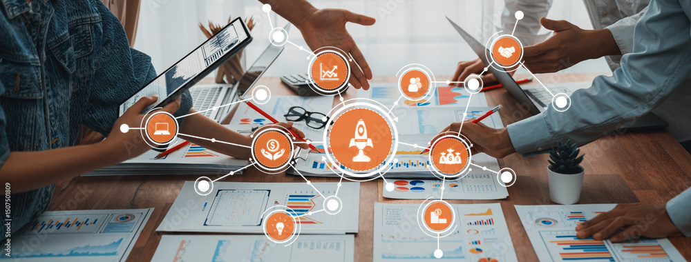 Fototapete An engaging collaborative workspace scene featuring digital tools and business charts that emphasize teamwork, strategy, and innovative growth in a modern office environment. Amity