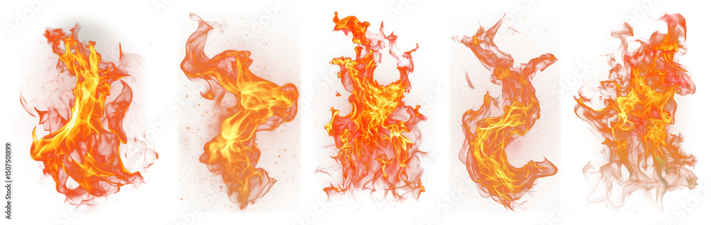 Wall mural png dynamic fiery flame patterns, element set on transparent background
