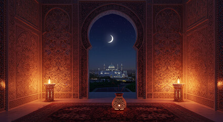 Mosque view through arch at night with crescent moon. © Ahmed
