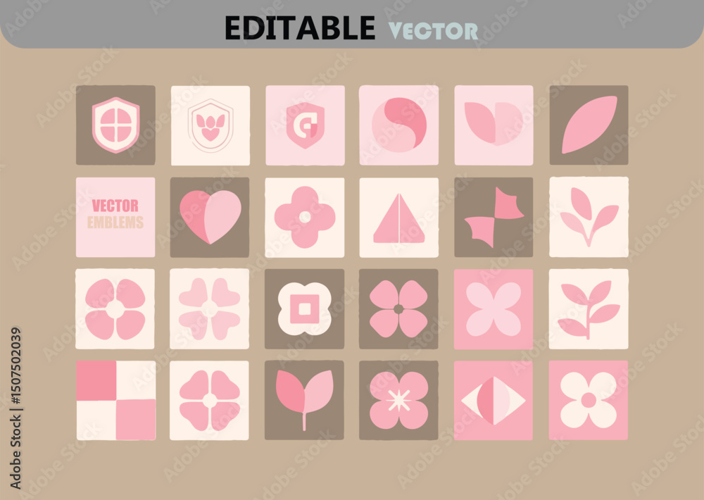 Poster collection of twenty four vector emblems in a soft pink and brown color palette