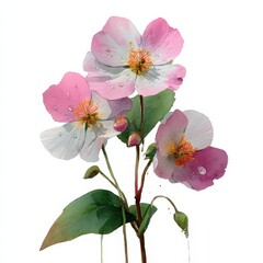 Obraz premium botanical watercolor illustration mayflower Delicate pink flowers with green leaves and water droplets. white background