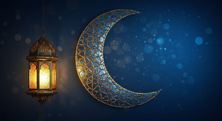 Ramadan Lantern and Crescent Moon on Blue Background