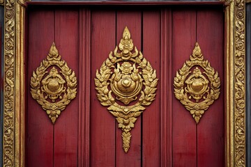 Red door with intricate gold decorations and a classic design in a residential setting