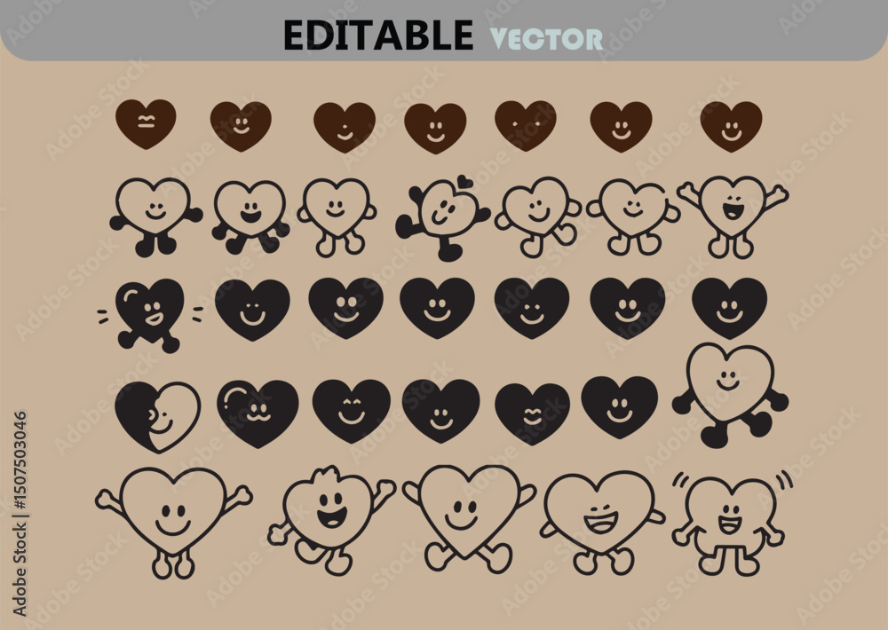 Poster collection of cute heart characters with various expressions and poses vector