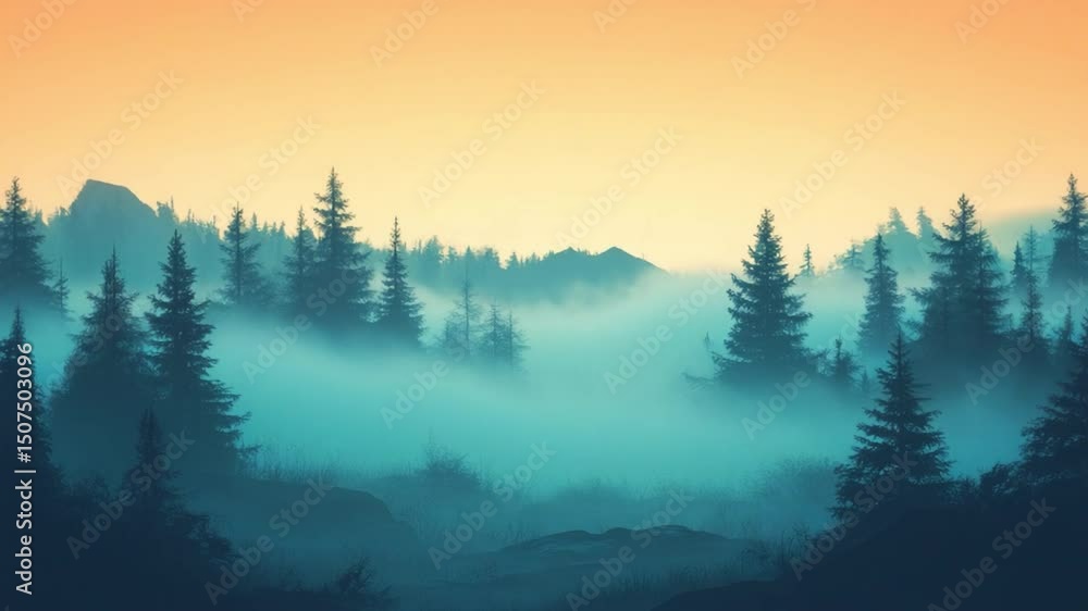 Poster mystic forest landscape: a serene and dreamy landscape featuring a lush forest bathed in a soft, eth