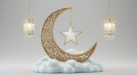 Ramadan crescent moon and star with cloud platform decoration