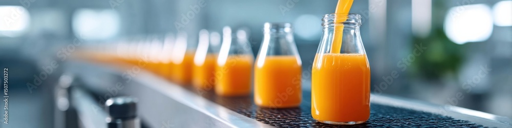 Poster dynamic view of fresh juice production in a bright factory setting