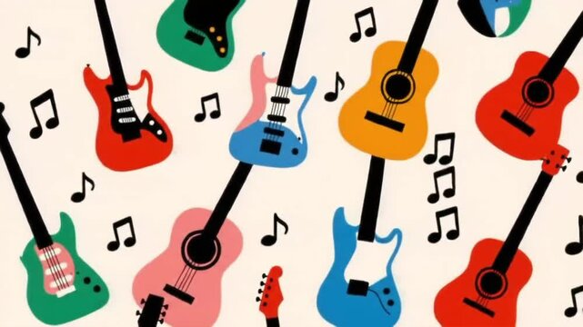 A light background features a repeating pattern of colorful electric and acoustic guitars in pink, teal, orange, and white.