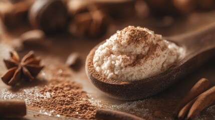 Fototapeta premium Vanilla Protein Powder in Scoop with Cinnamon Duste