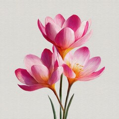 Obraz premium botanical watercolor illustration crocus pink petals Three vibrant pink flowers with delicate petals against a textured background. white background