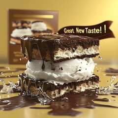 Chocolate ice cream sandwich with dripping chocolate.