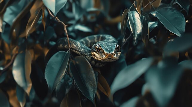 a snake on a tree surrounded by leaves looking at the camera, digital photography