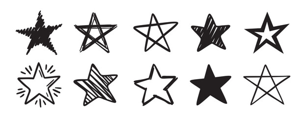 stars painted by hand doodle hand drawn icon set. Outline drawing stars painted by hand line clipart symbol collection