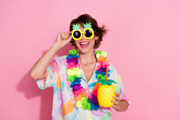 Portrait of nice young lady pineapple cocktail sunglass empty space wear shirt isolated on pink...