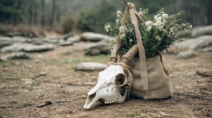 Naklejka premium Goat skull with horns and bouquet in burlap bag placed on forest trail as rustic tribute to ancestral land and vanishing tradition
