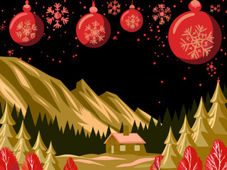Hand-drawn vector of a winter mountain landscape with cottage, perfect for Christmas and holiday-themed designs.