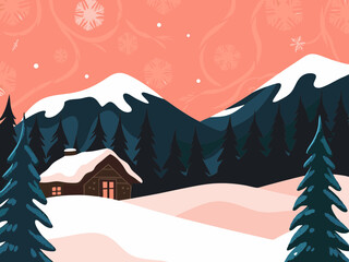 Hand-drawn vector of a winter mountain landscape with cottage, perfect for Christmas and holiday-themed designs.