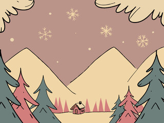 Snowy winter mountain road winding through pine trees, scenic landscape perfect for seasonal and nature-themed designs.