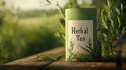 A container of herbal tea, decorated with sprigs of rosemary.
