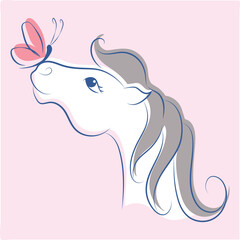 Vector image of white horse. Cute childish style. Head of white pony. Isolated illustration. Sticker with horse