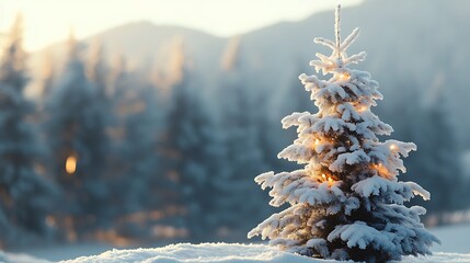 Snowy Christmas tree in a winter landscape.