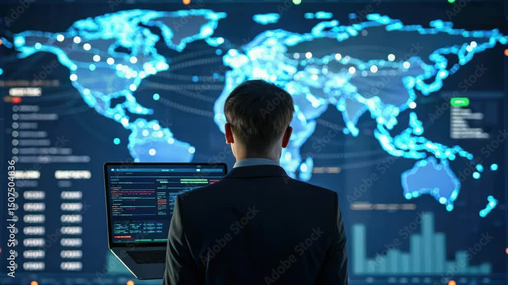 Poster a person analyzes global data on a screen, surrounded by a detailed digital map and statistical info
