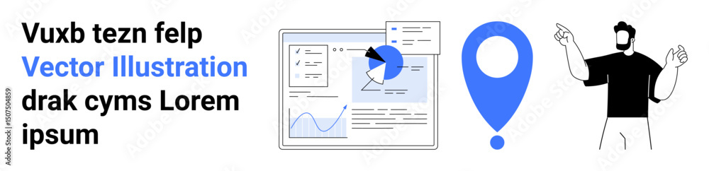 Poster analytics dashboard with charts, blue location pin, and gesturing character in casual attire. ideal 