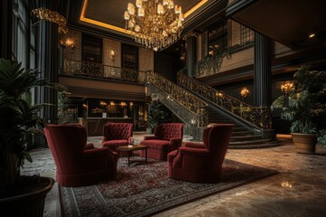 Spacious living room featuring elegant staircase and stunning chandelier for luxurious feel