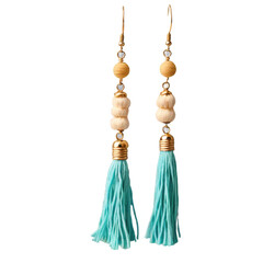 Elegant Teal Tassel Earrings Handmade Cotton Thread Jewelry with Wooden Beads