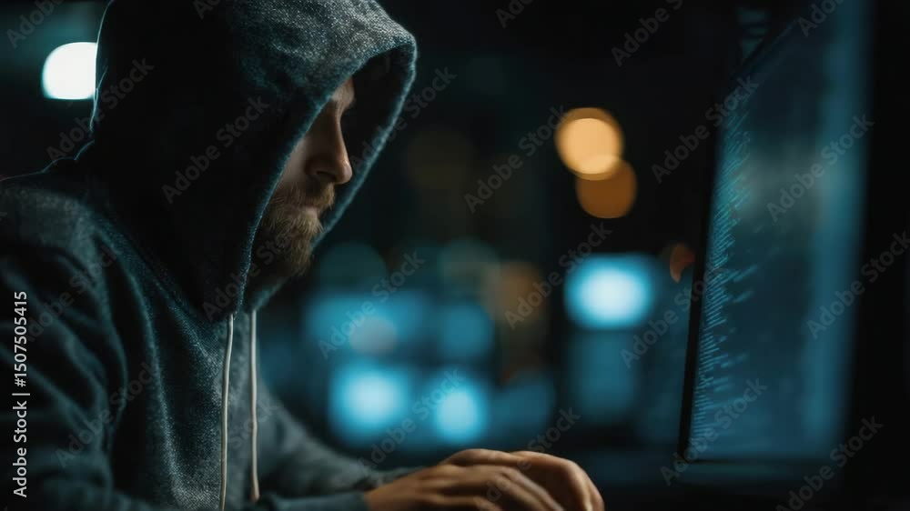 Poster a man in a hoodie works intently at a computer in a dark room, surrounded by glowing screens with co