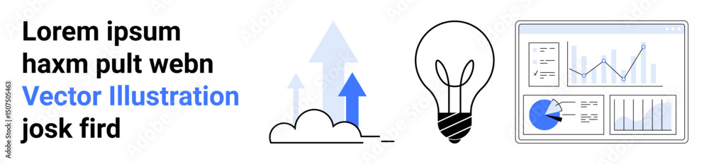Poster cloud with upward arrows, a light bulb, and a dashboard analyzing graphs and charts. ideal for innov