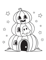Haunted Halloween House Coloring Page – Spooky Cartoon Mansion with Ghosts, Bats, and Pumpkins

