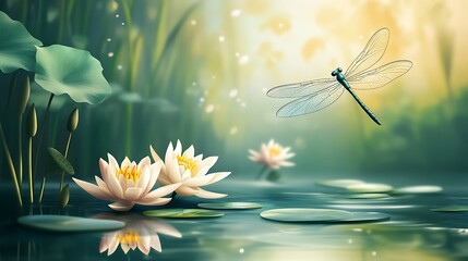 Beautiful dragonfly hovers over a serene lily pond.