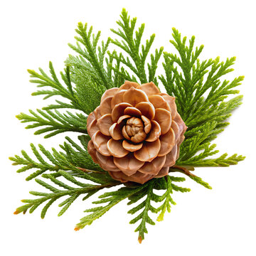 Pine cone and cedar sprigs arrangement isolated on a white background png ai generated