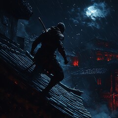 Silhouetted ninja on a rooftop at night.