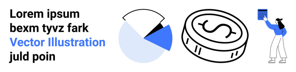Pie chart segments, dollar coin, and woman analyzing data on paper. Ideal for finance, business, investment, analytics, teamwork, strategy simple landing page