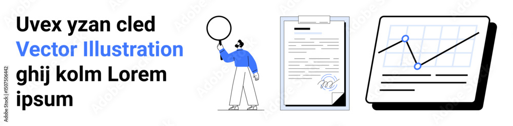 Poster person examining analytics with a magnifying glass alongside a report and a data chart. ideal for bu