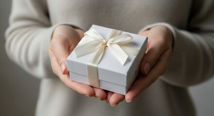 Good business advertising. Person holding a small gift box with ribbon