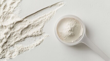 Whey protein powder in plastic measuring scoop Ultr